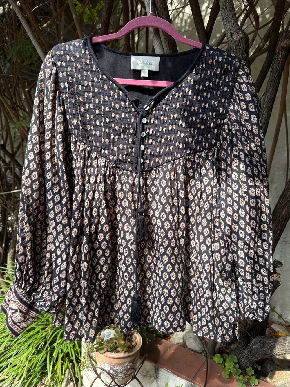 Cleobella Black and Cream Printed Peasant Blouse